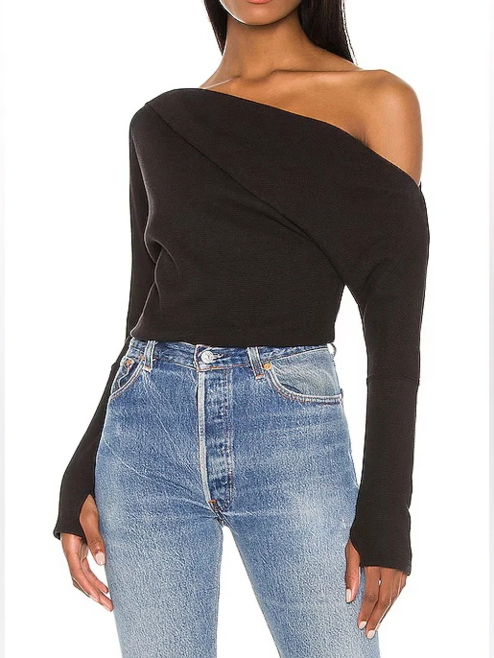 Free People Fuji Thermal Off-Shoulder Black Waffle Knit Top Medium